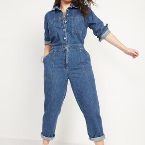 🆕️NWT Old Navy Long-sleeve Medium-Wash Utility Jean Jumpsuit, Size Medium
